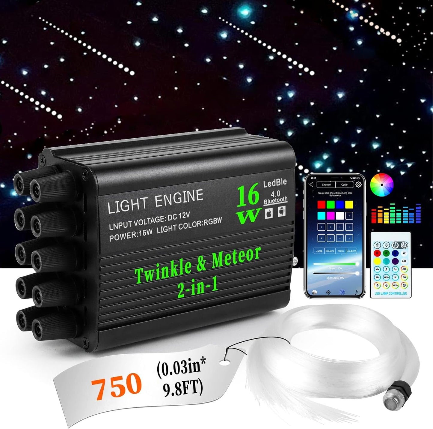 16W Twinkle & Meteor 2 in 1 Fiber Optic Light Kit for Car Truck SUV Boat with RGBW & Bluetooth App | Akepolights.com