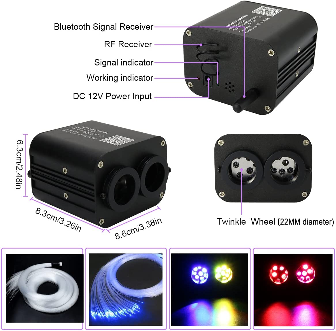 Dimension for 2x10W Dual Color Twinkle Fiber Optic Lights in Car Truck SUV's Headliner | STARLightinCar.com