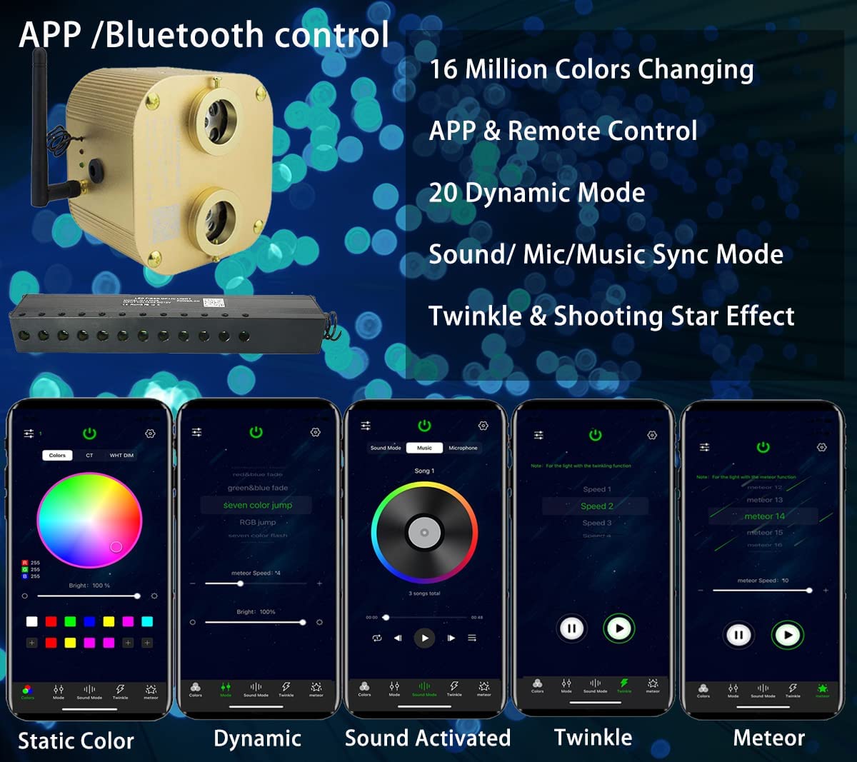 Bluetooth APP for 2x10W RGBW Colors Twinkle Fiber Optic Star Lights with Meteor | STARLightinCar.com