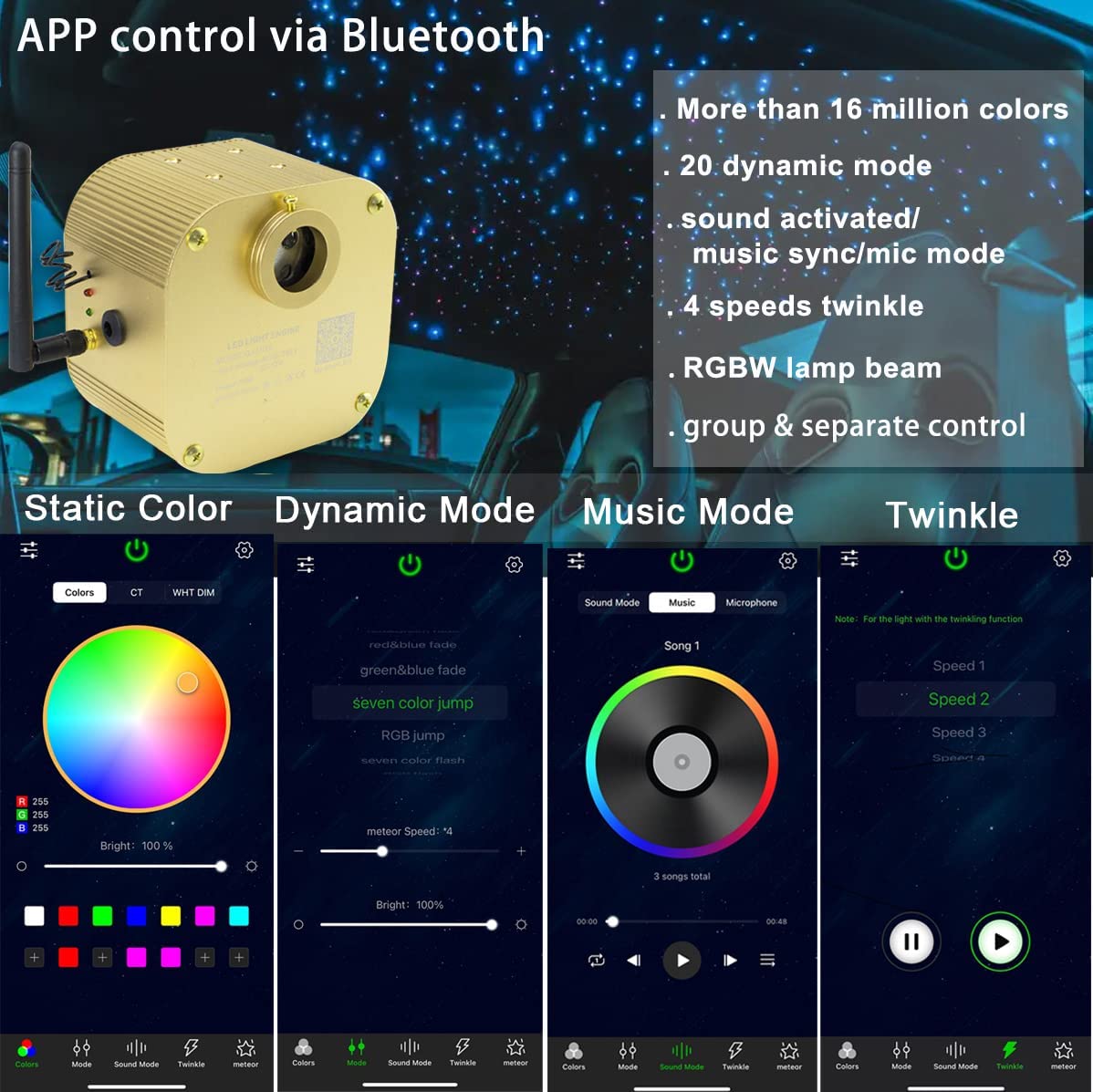 Bluetooth APP Control for 16W Twinkle RGBW Starlight Headlining Kit | STARLightinCar.com