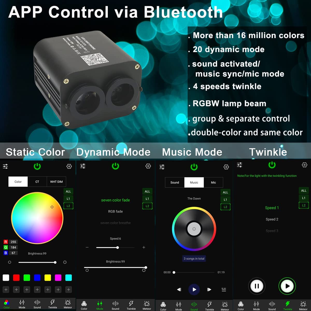 Bluetooth APP for 2x10W Dual Color Twinkle Fiber Optic Lights in Car Truck SUV's Headliner | STARLightinCar.com