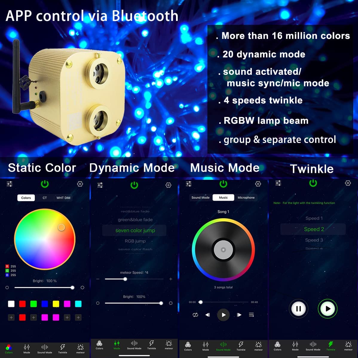 Bluetooth APP Control for 2x10W RGBW Colors Twinkle Fiber Optic Star Lights | STARLightinCar.com