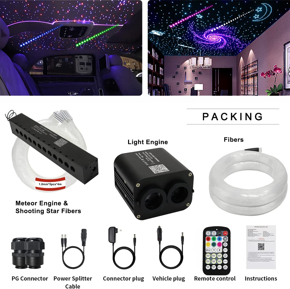 2x10W Dual Color Twinkle Fiber Optic Lights with Shooting Star in Car Truck SUV's Headliner