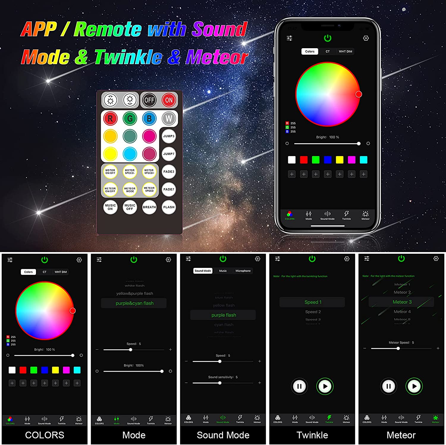 Bluetooth APP & RF Controller for 2x6W Dual Head Twinkle RGBW Color Changing Starlight Headliner Kit with Meteor | STARLightinCar.com